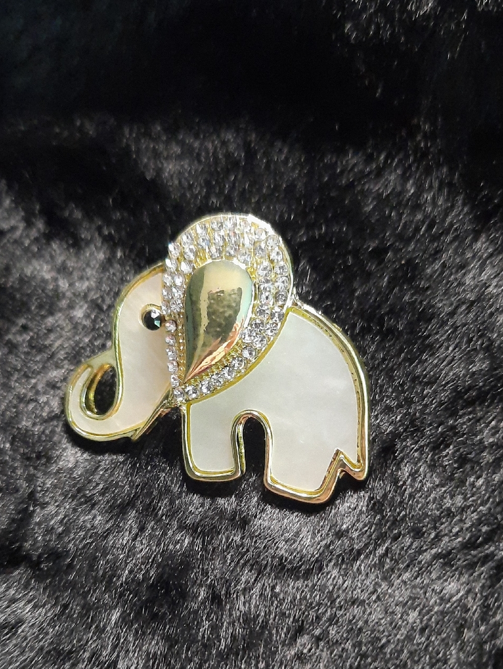 Goldtone & Mother-of-Pearl Elephant Brooch with Crystals